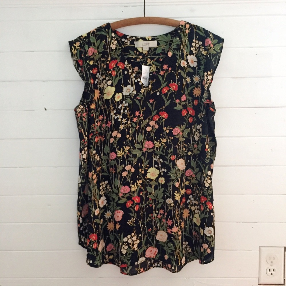 LOFT Maternity Floral Flutter Cap Sleeve Shell L